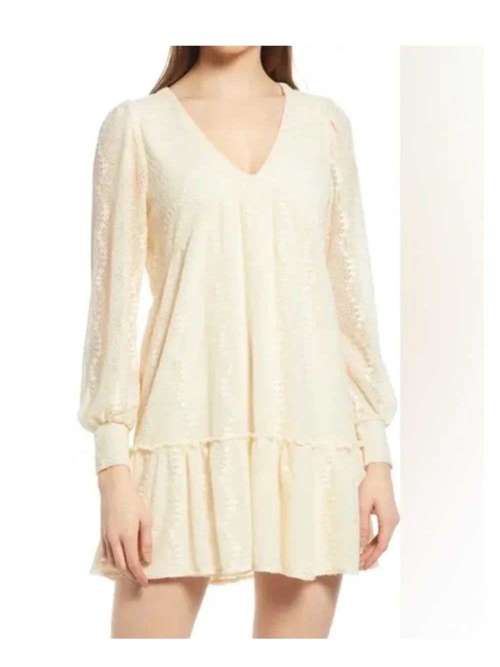 BB Dakota "Place on Earth" long sleeve mini dress in an antique ivory color NWT